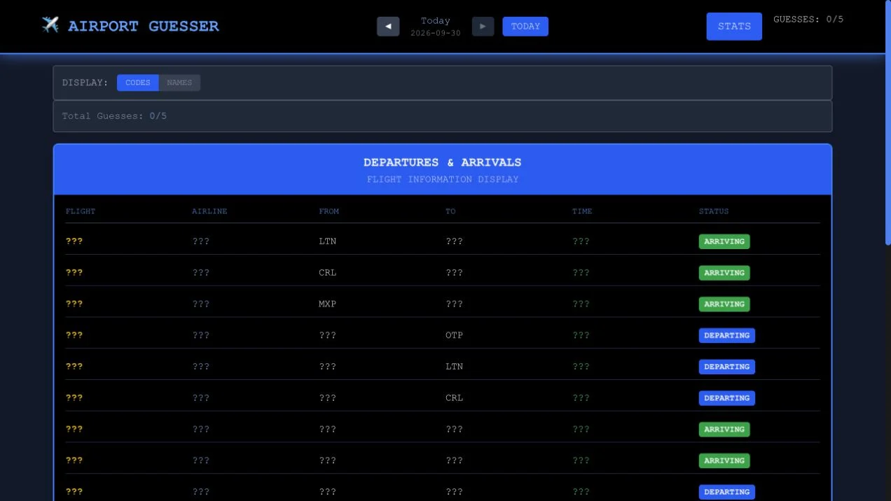 Airport Guesser — daily arrivals and departures board with masked flight fields and airport search