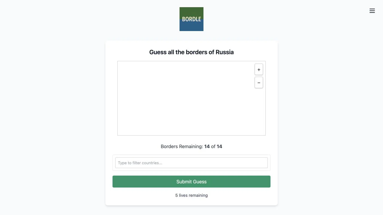 Bordle — neighbor-list round with map zoom, searchable countries and remaining lives