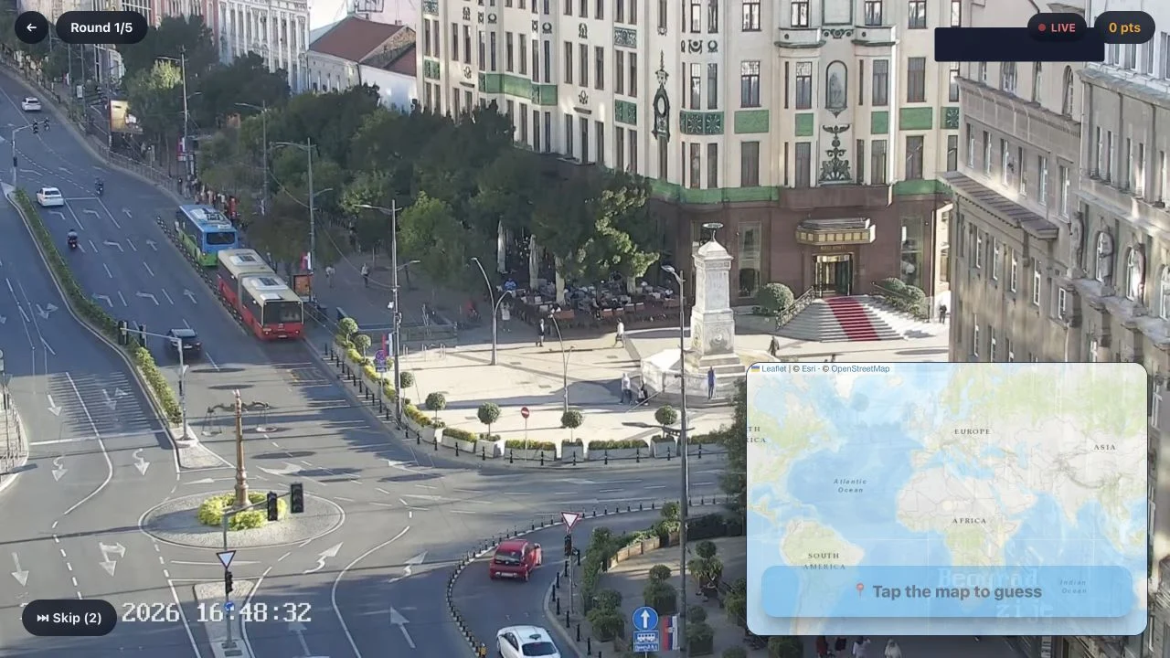 CamGuess — guest round with a live camera feed and location map