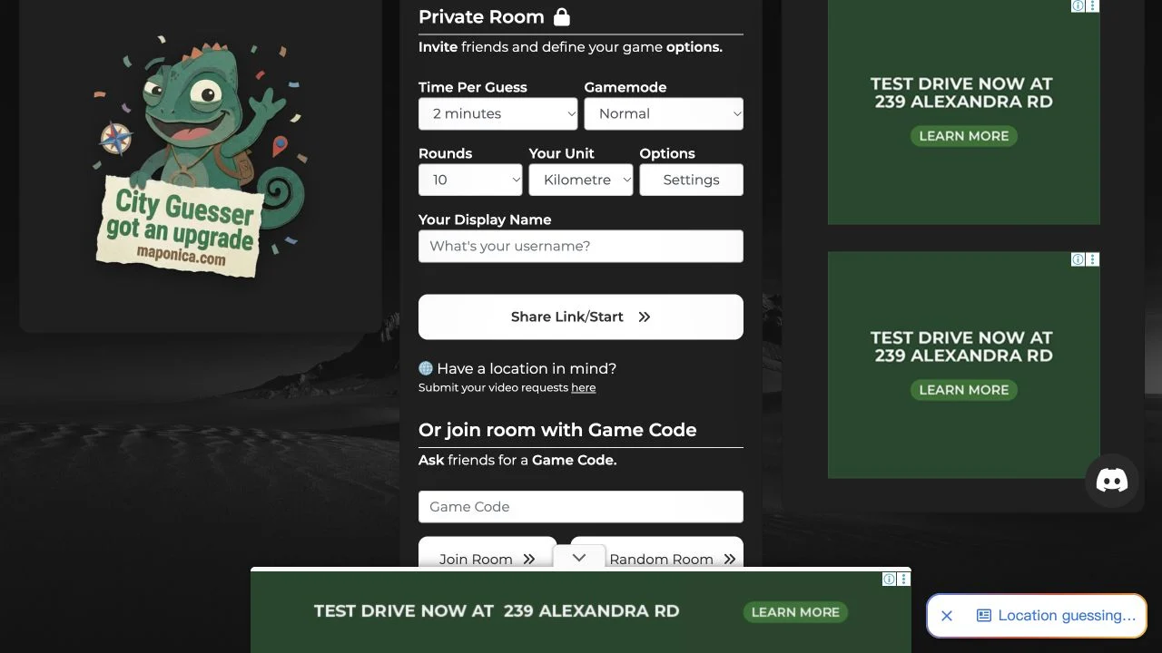 City Guesser (cityguesser.eu) — private-room setup with timer, mode, round count, display name and join code