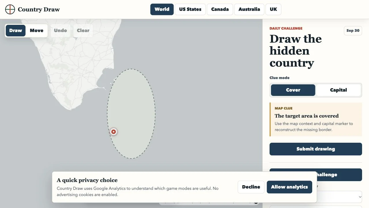 Country Draw (countrydraw.games) — loaded drawing map with cover and capital clues, navigation tools and practice selection