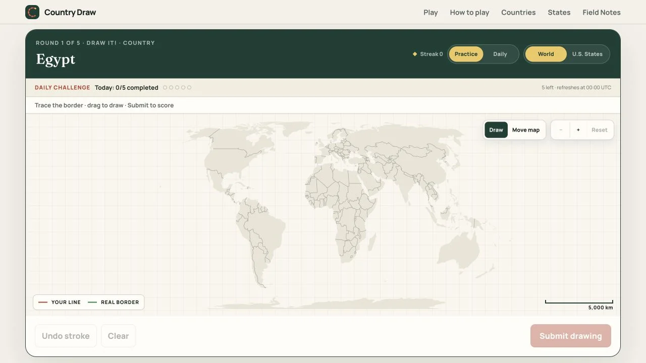 Draw Country — loaded world drawing map with practice, daily-set and draw or move controls
