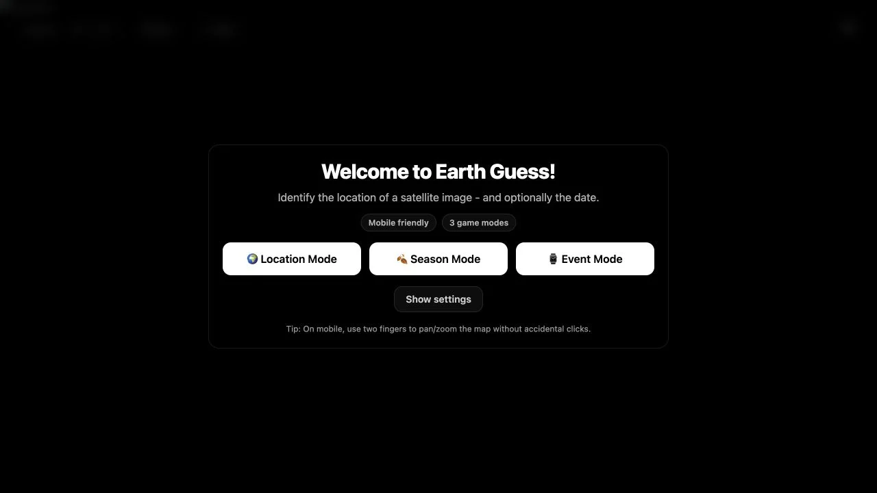 EarthGuess — satellite play interface with location, season and event choices and a five-round timer
