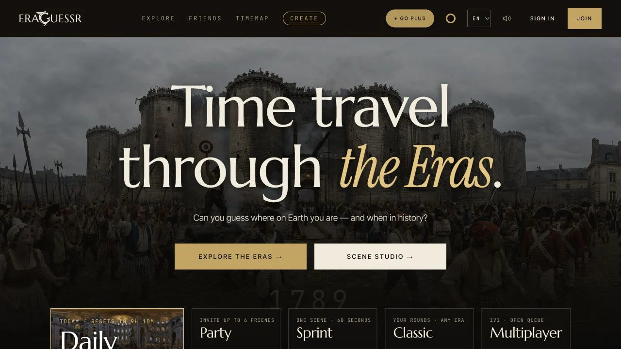 EraGuessr — daily, party and solo-mode menu with advertised paid library access