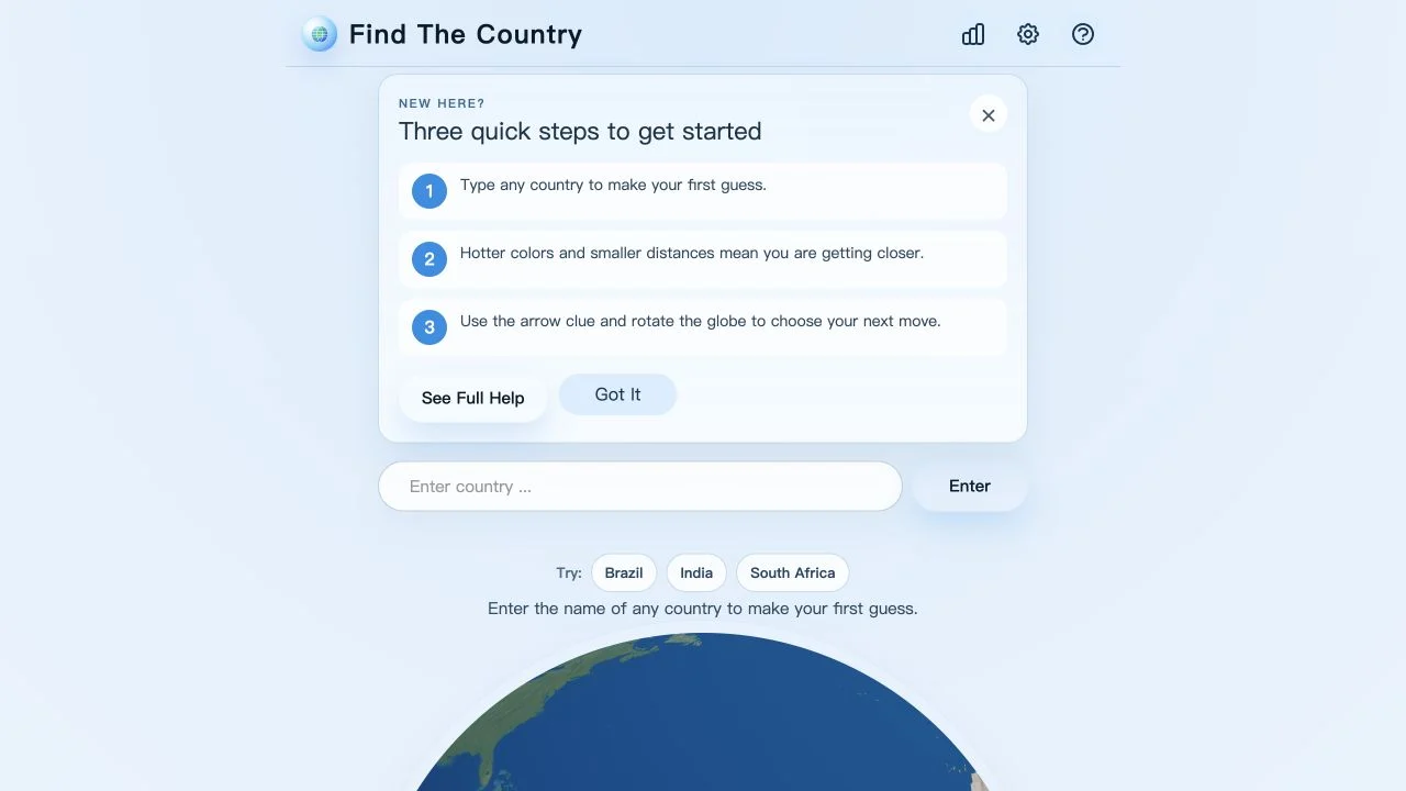 Find The Country — country input, globe and quick-start explanation of color, distance and direction