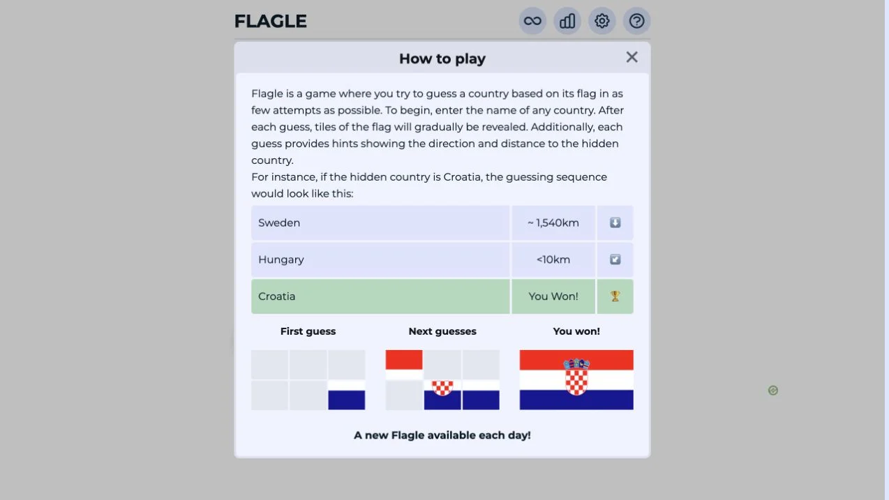Flagle (flagle.org) — public help examples and daily flag-guess interface