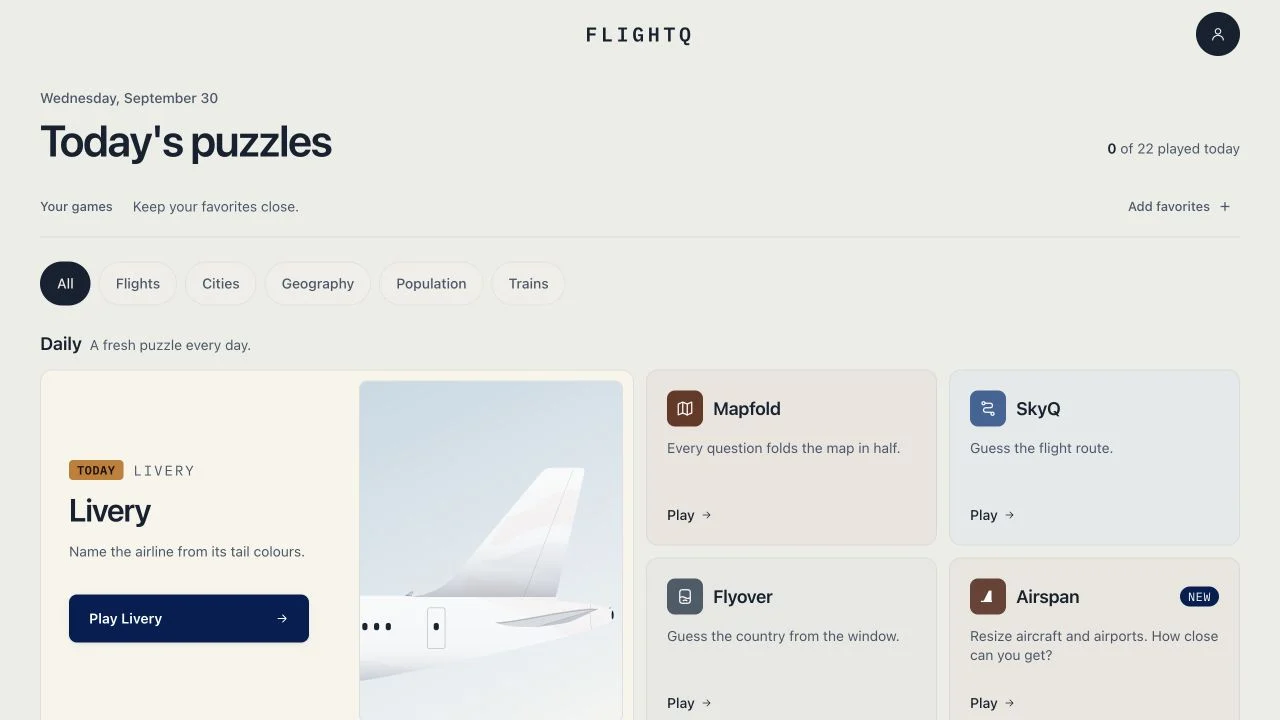 FlightQ — public daily and endless catalog with flight, city, population and train filters