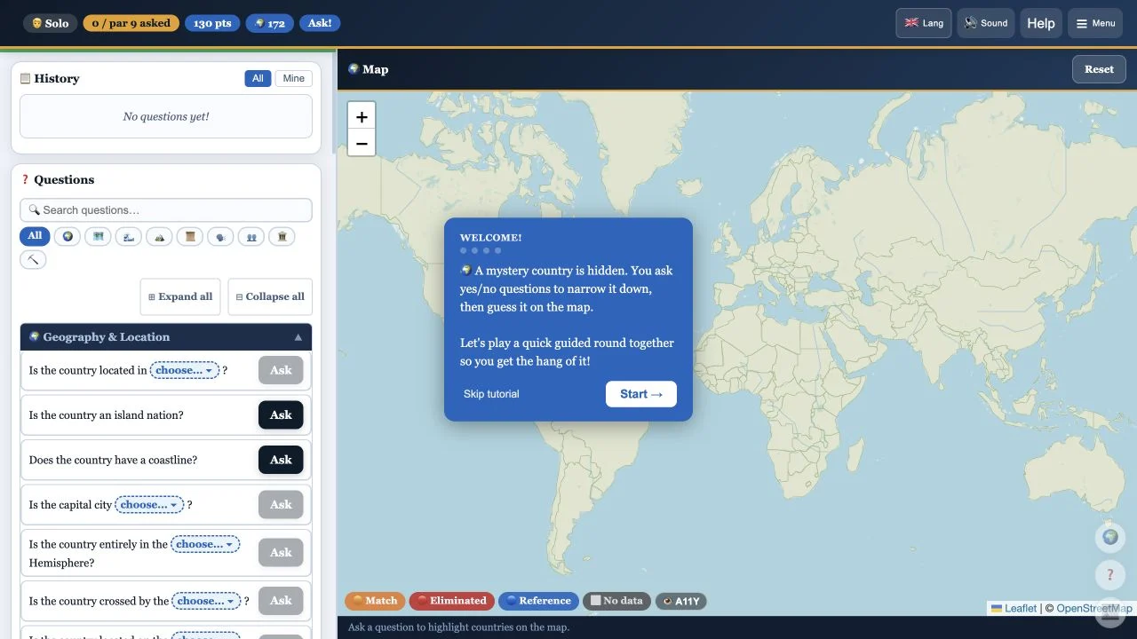 Geo Atlas — solo country deduction with geographic and border question categories