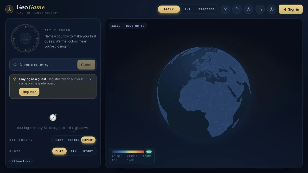 GeoGame — country input and difficulty controls; the globe retained a loading message during capture