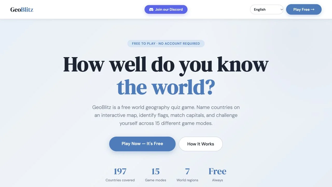 GeoBlitz — public mode catalog, difficulty guidance and daily or unlimited country entries
