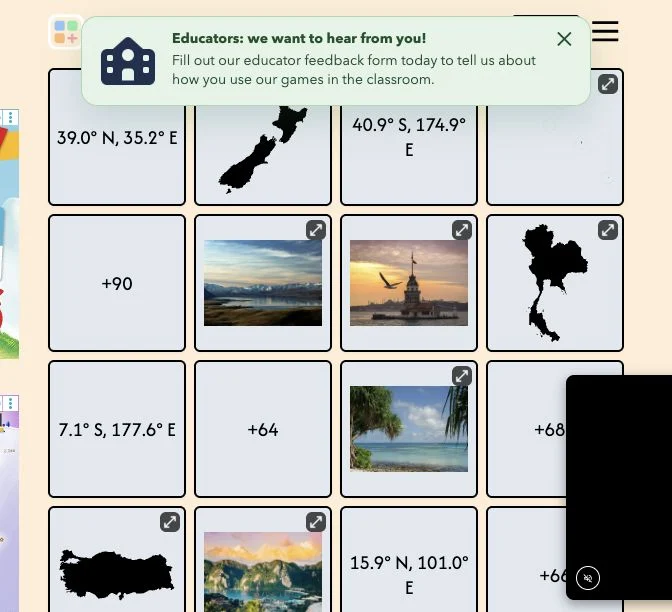 GeoConnections — loaded geographic grouping board with coordinates, outlines, calling codes and photographs