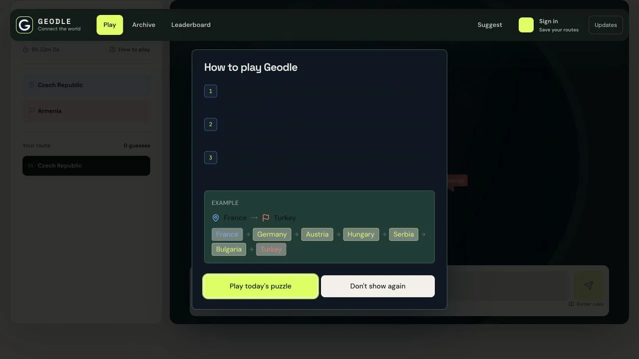 Geodle.io — daily country endpoints, growing route and accepted-border entry