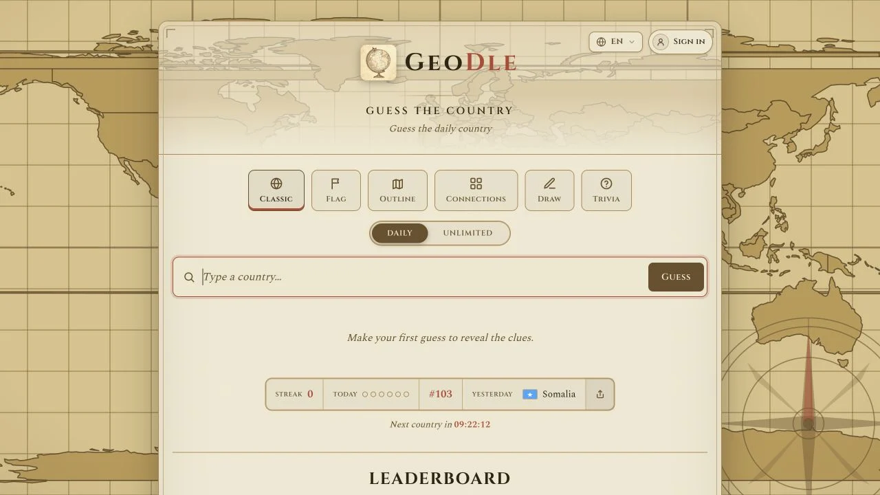 GeoDle (geodle.org) — classic country input, six-mode navigation and daily or unlimited selection