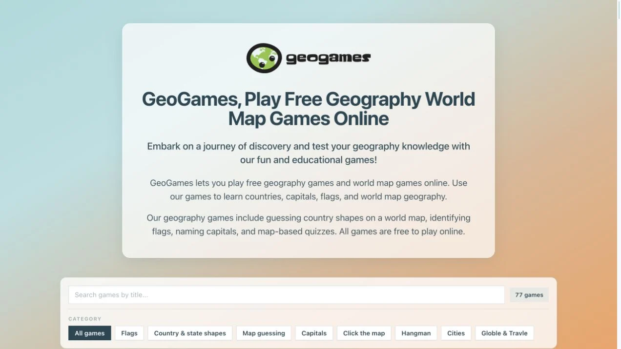 GeoGames.io — searchable geography catalog with subject tabs and local game-rule descriptions