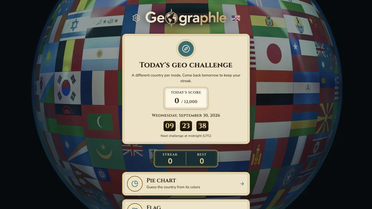 GeoGraphle — six daily mini-games and the learn practice option in the geographle menu