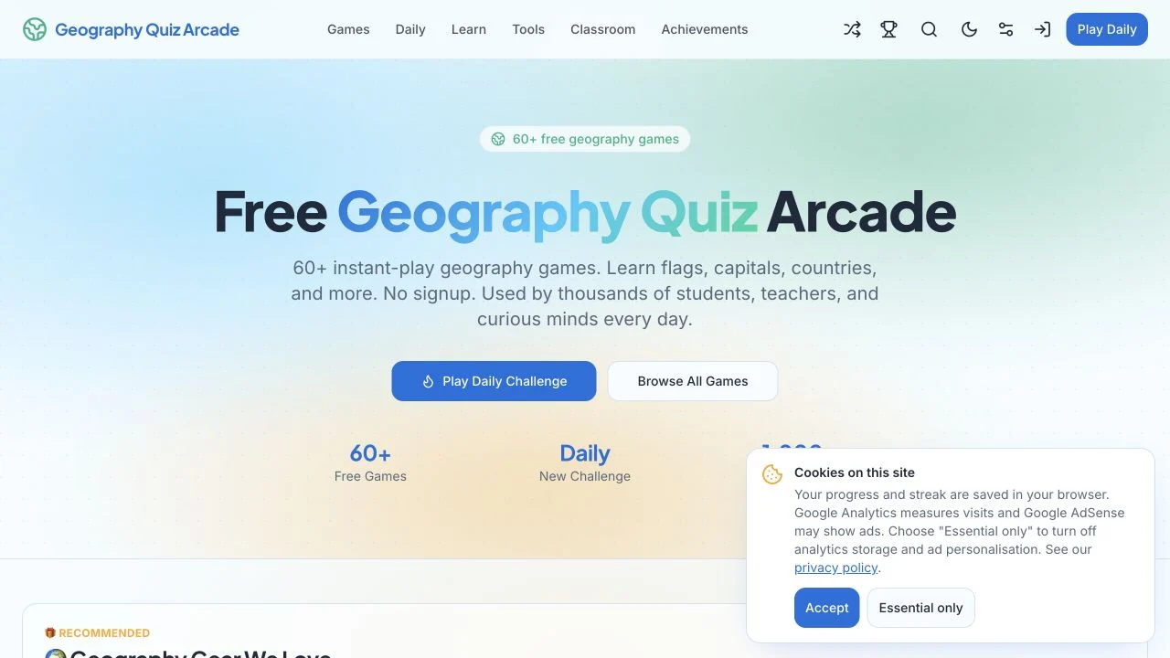 Geography Quiz Arcade — public game catalog navigation, accessibility controls and disclosed optional recommendations