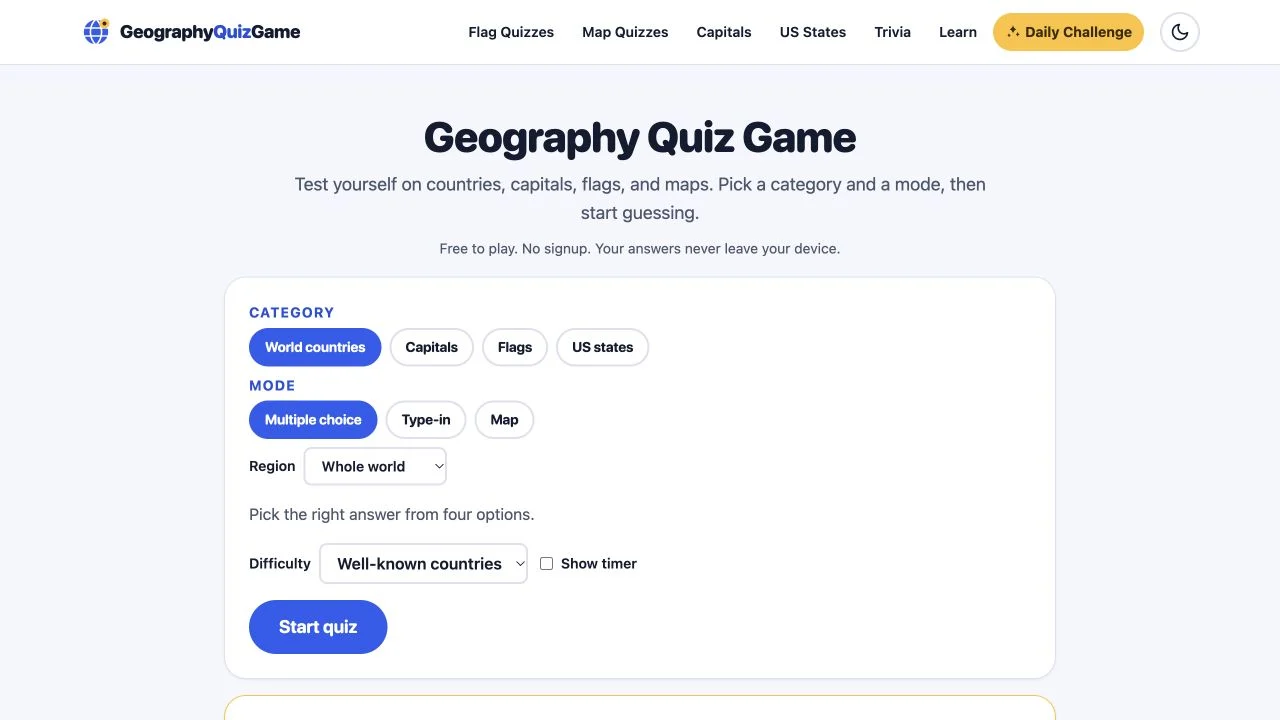 Geography Quiz Game — public quiz setup with categories, answer formats and optional timer