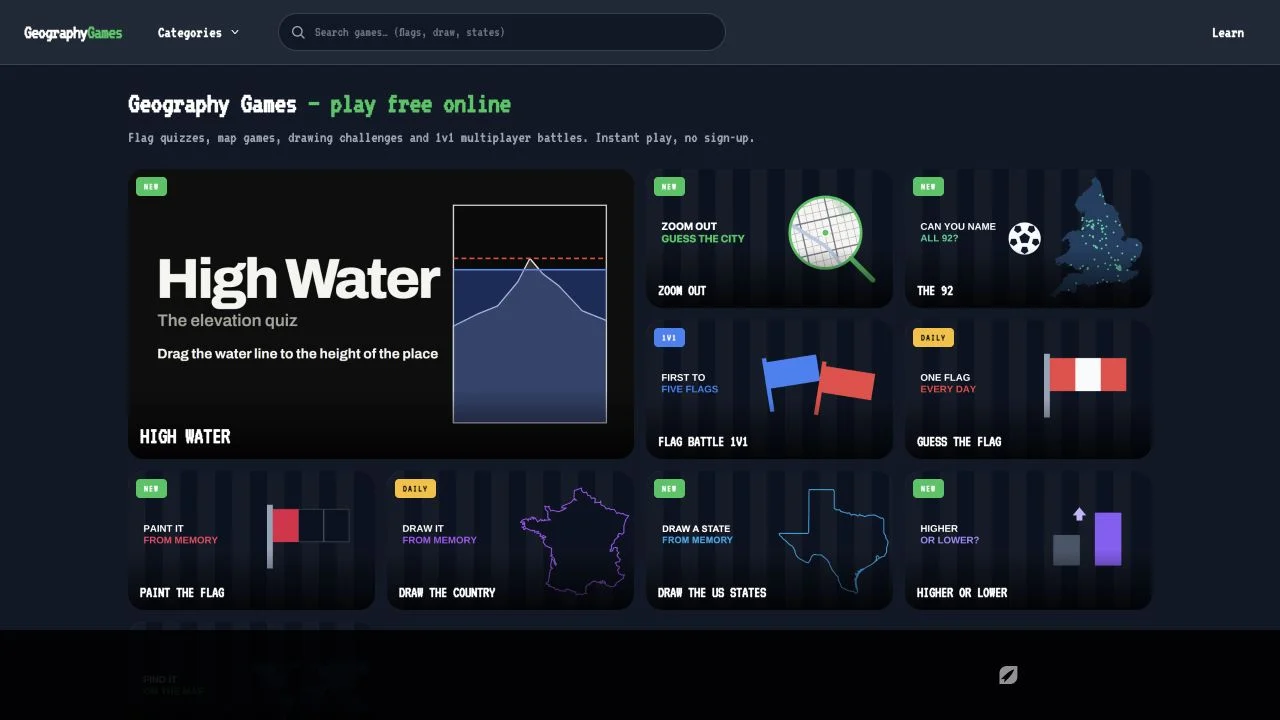 GeographyGames.net — daily, flag, drawing and advertised multiplayer activity catalog