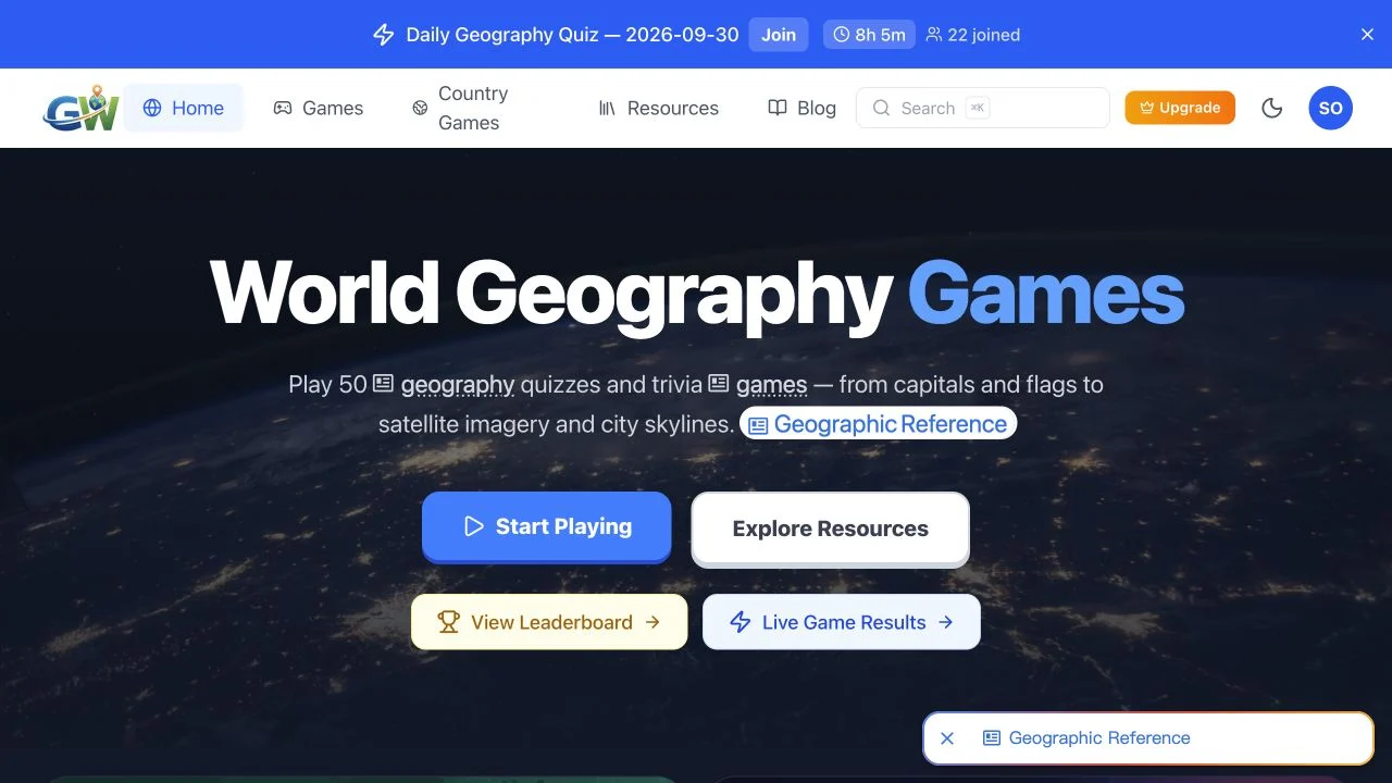 Geography Worlds — public specialized-game catalog, daily outline and scheduled live-quiz entry