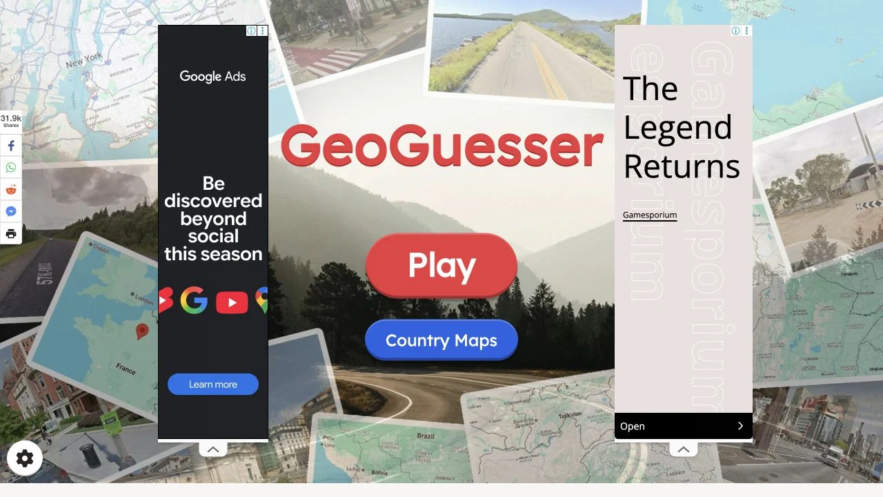 GeoGuesser.io — wrapper page with the embedded play and country maps menu from game.geoguesser.io