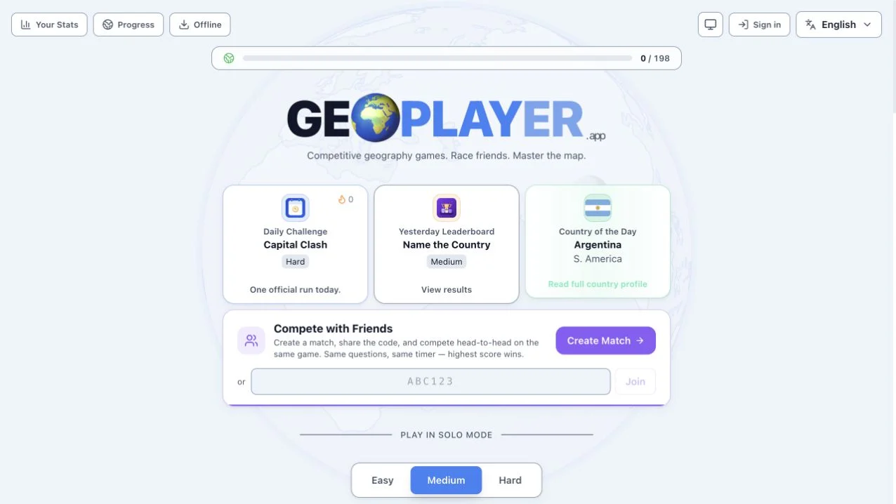 GeoPLAYER — solo mode selection, region controls and code-based match setup