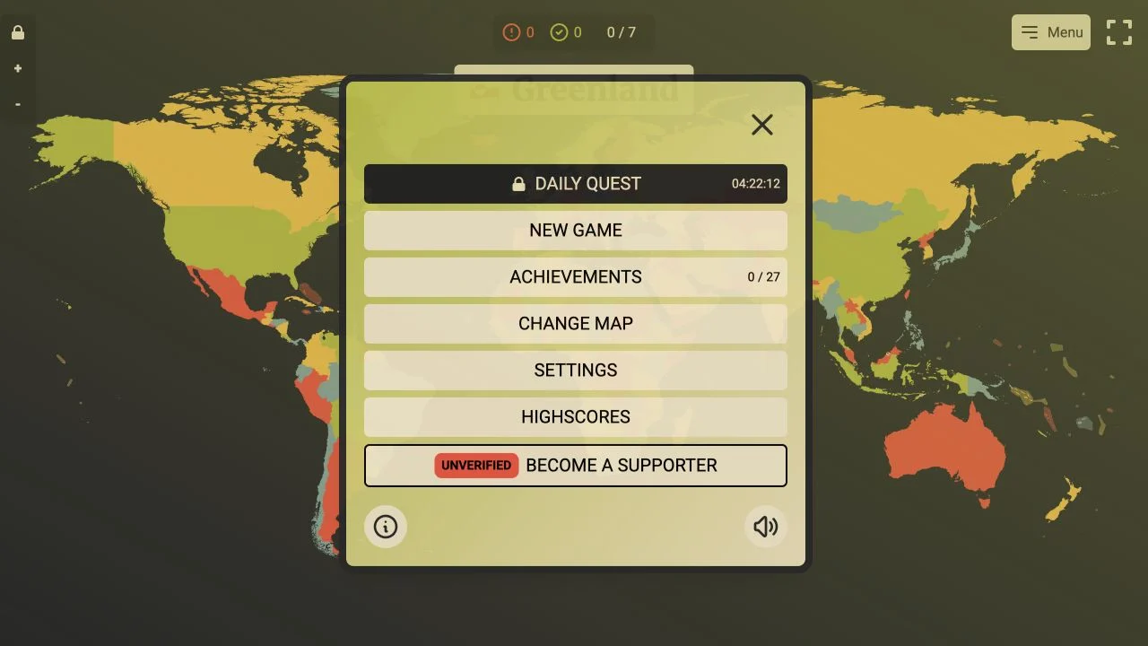 GeoQuest — map-location round with the daily quest, new game and map-settings menu open