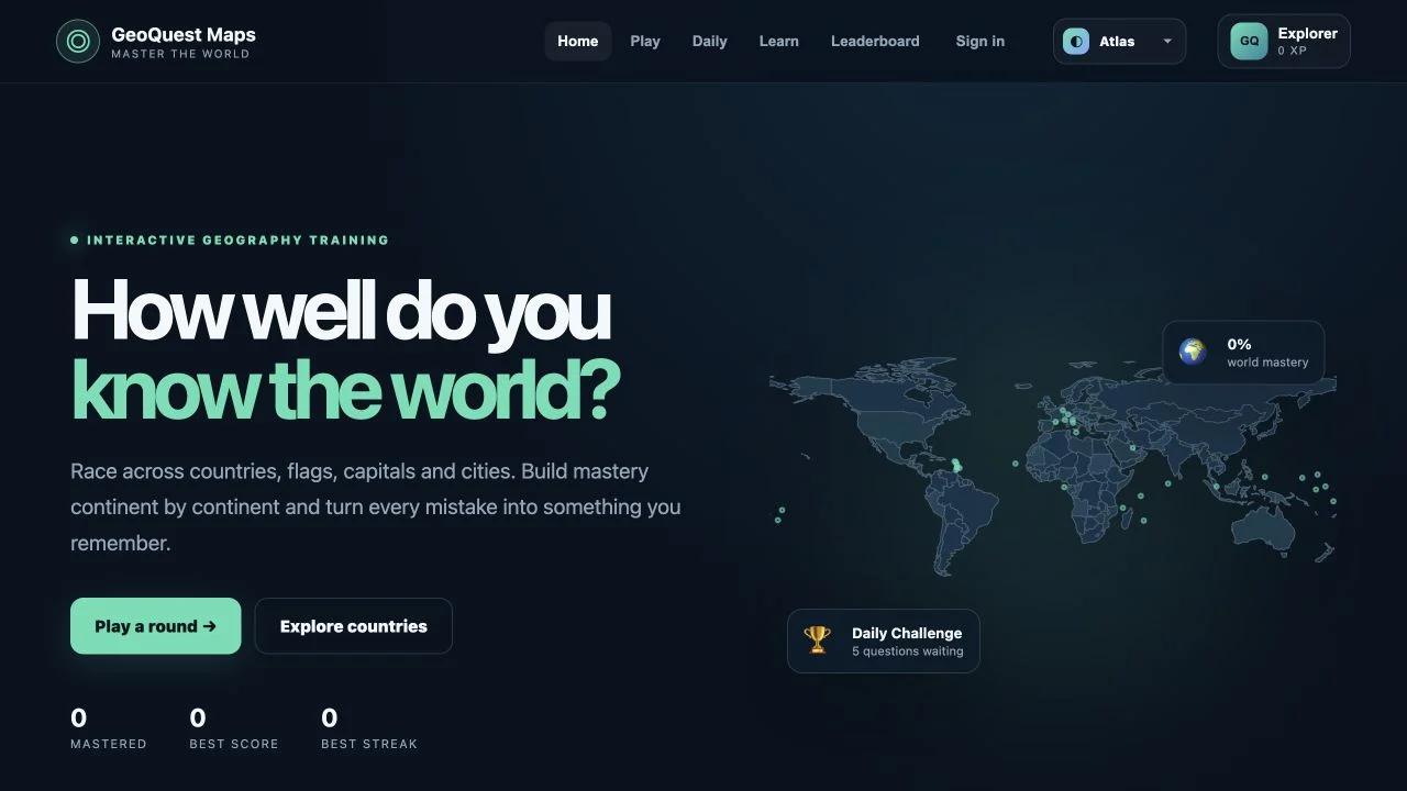 GeoQuest Maps — public map-training homepage with featured modes and country mastery indicators