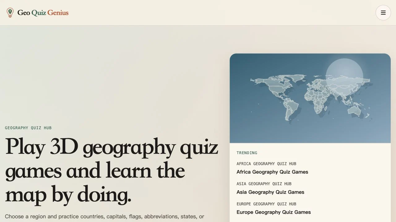GeoQuizGenius — english 3d map-quiz catalog with region hubs and featured short or full exercises