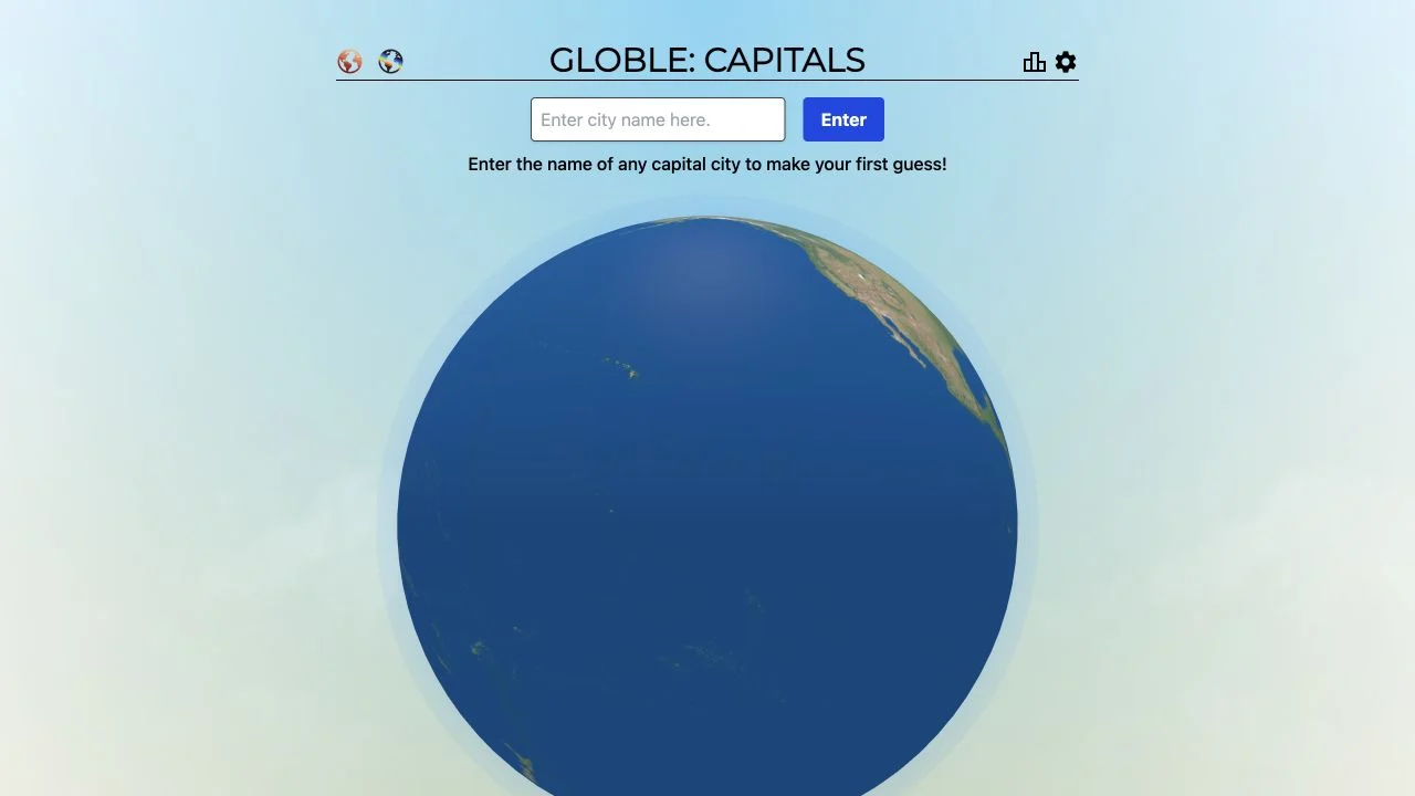 Globle Capitals — trainwreck labs capital-game entry with statistics, settings and help links