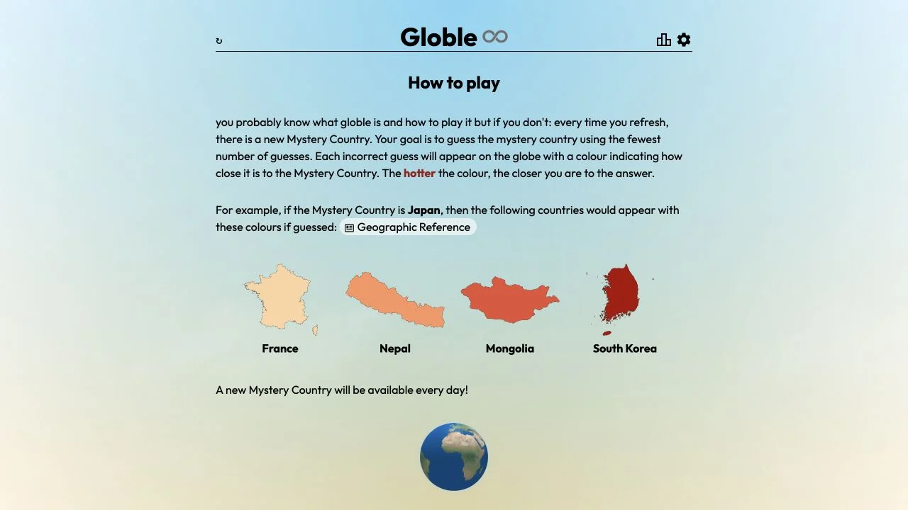 Globle Unlimited — fork introduction explaining refresh-based mystery countries and proximity colors