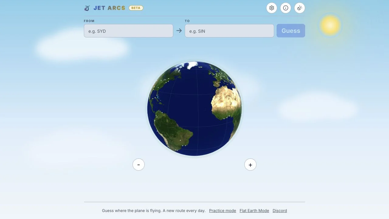 Jet Arcs — airport-pair inputs and globe controls for the daily jet arcs route