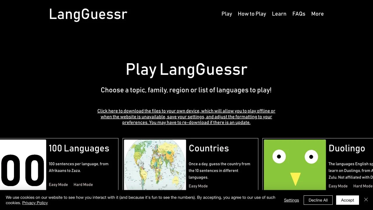 LangGuessr — public sentence-pack catalog and difficulty links