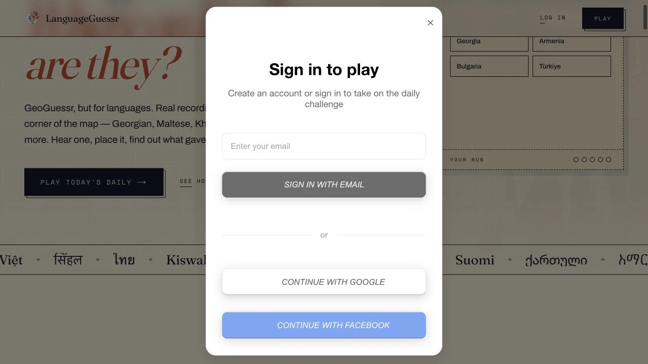 LanguageGuessr — daily-challenge sign-in dialog over the public audio introduction
