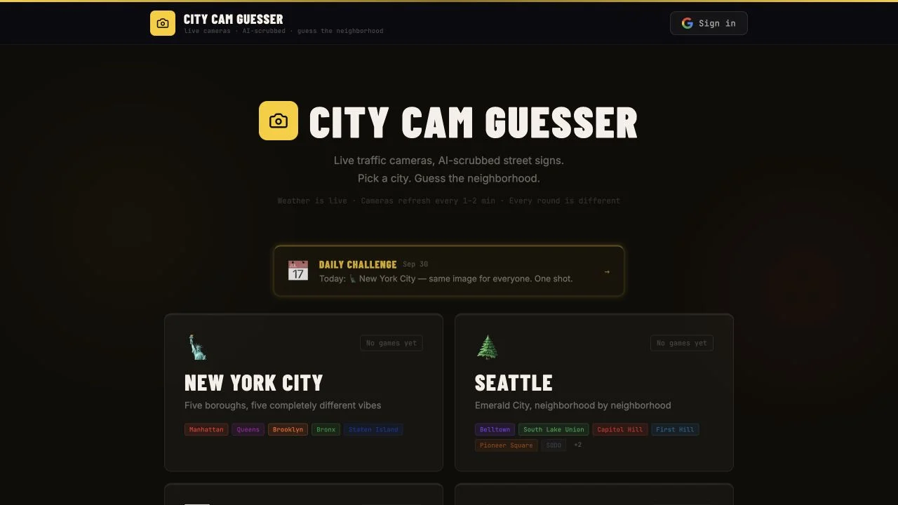 Obscura City Cam Guesser — city-selection catalog and one-shot daily traffic-camera introduction
