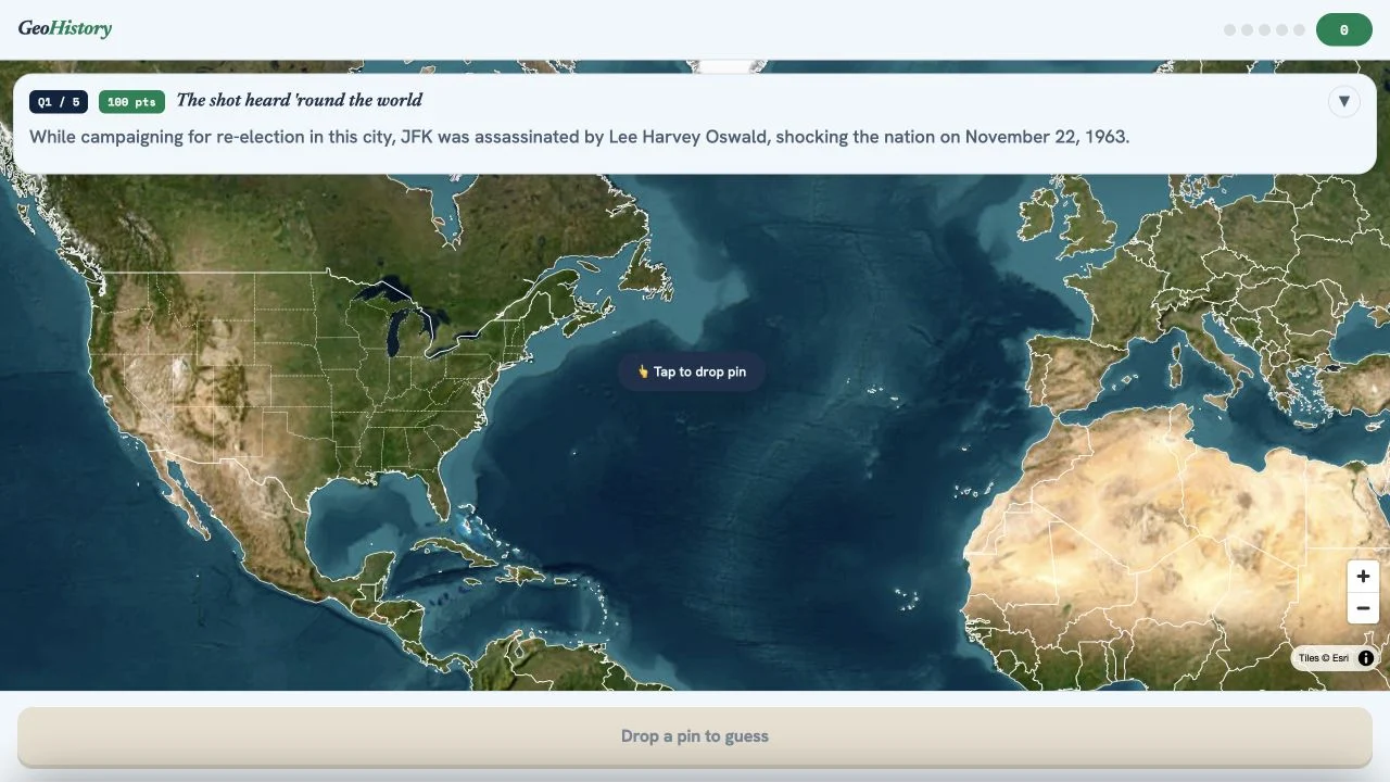GeoHistory (playgeohistory.com) — loaded daily historical-event question and map-pin controls