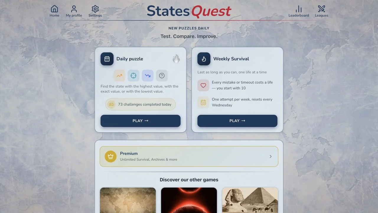 StatesQuest — daily statistics, weekly survival and advertised premium options