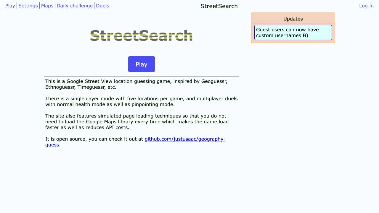 StreetSearch — primary description of five-location solo games, duel variants and published source code