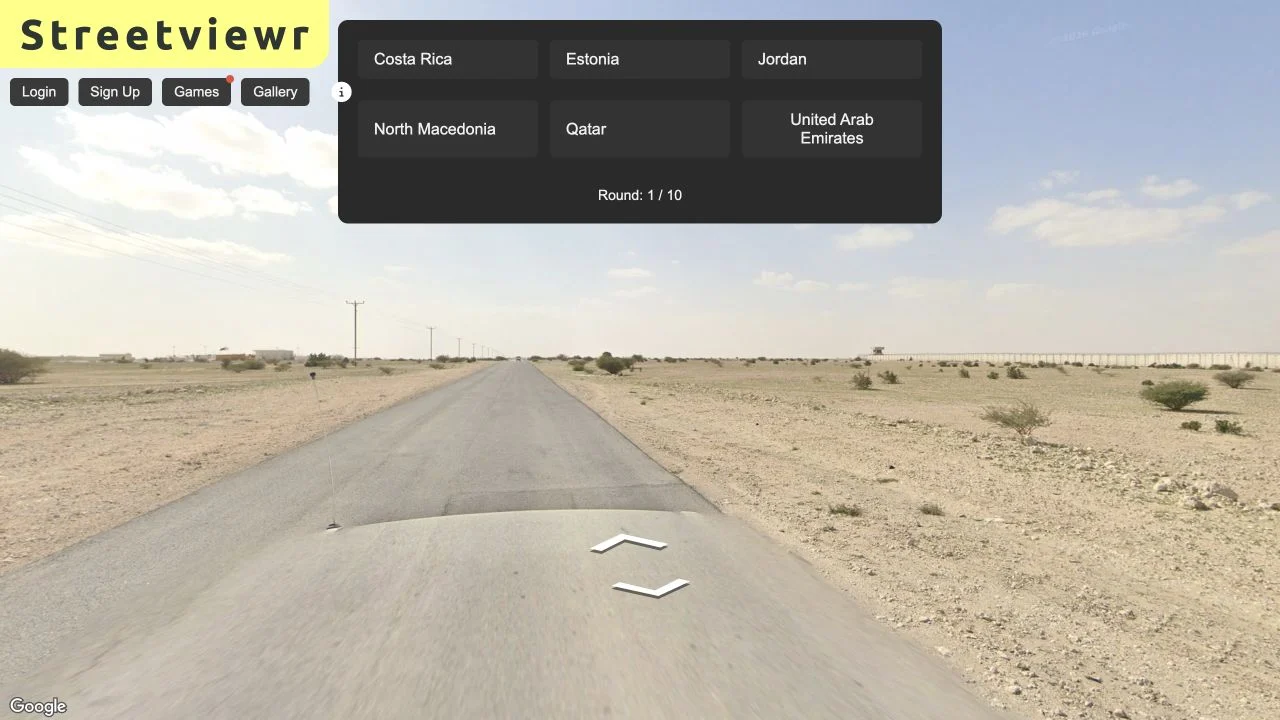 Streetviewr — loaded google panorama with six country buttons and a ten-round counter