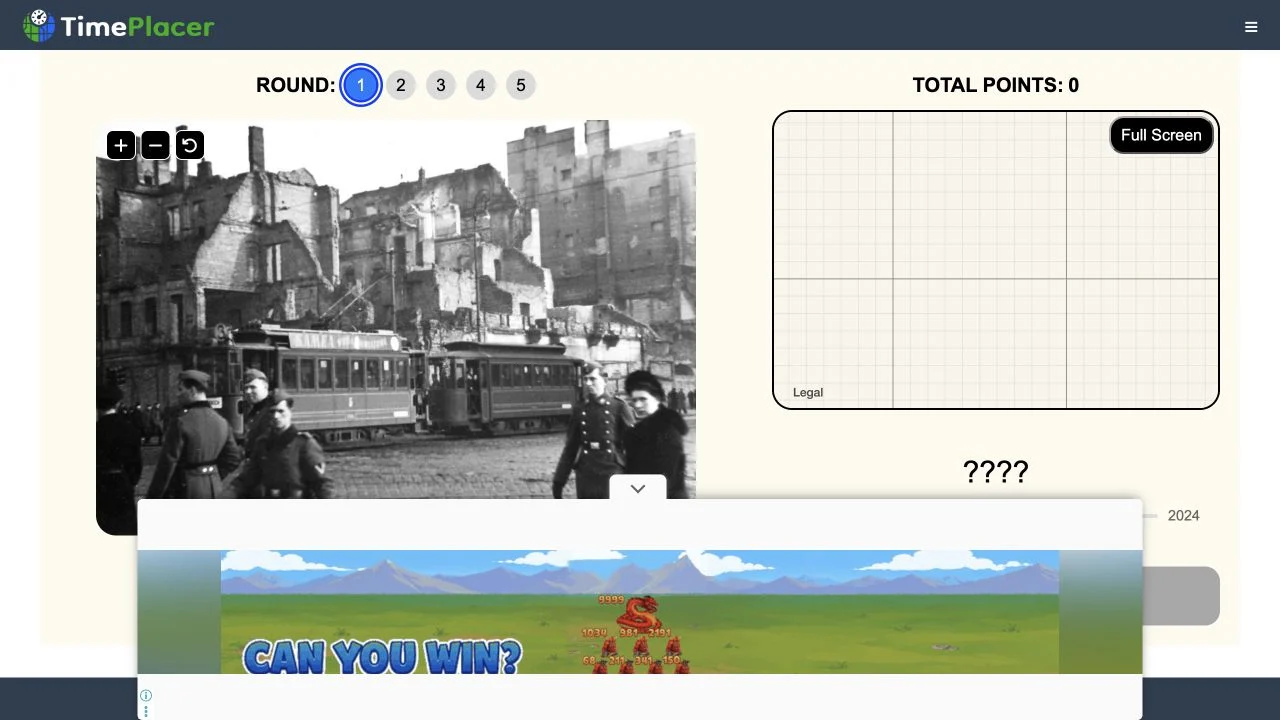TimePlacer — historical-photo entry and year controls; map layer incomplete during capture