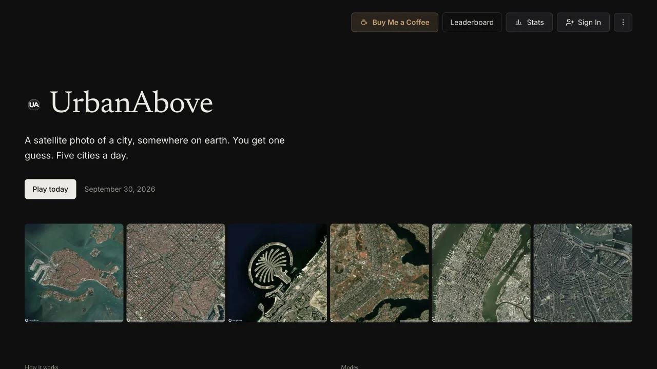 UrbanAbove — public satellite-city rules, hint explanation and daily/subscriber mode catalog