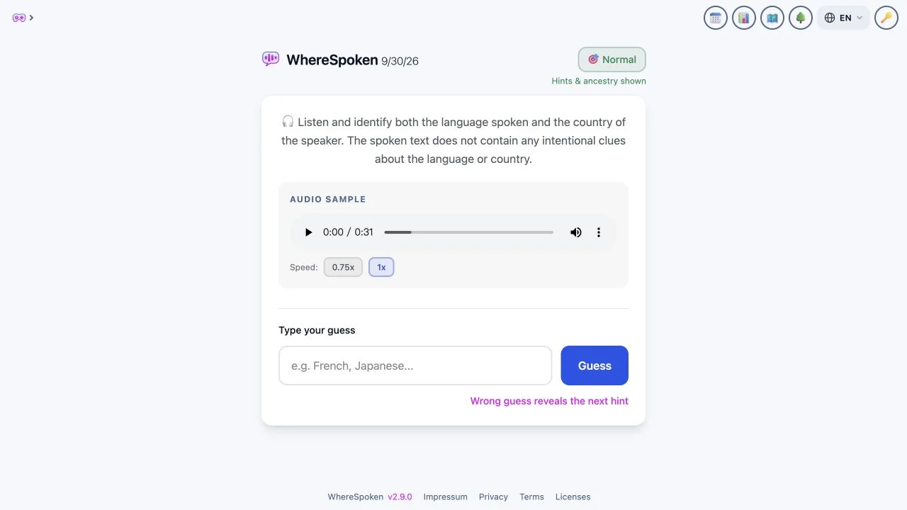 WhereSpoken — daily audio sample, difficulty and guess controls