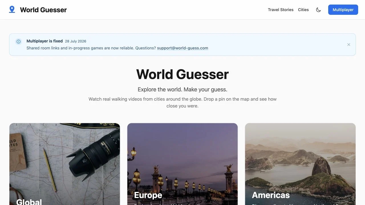 World Guesser (world-guess.com) — walking-video region menu with active packs and coming soon regions